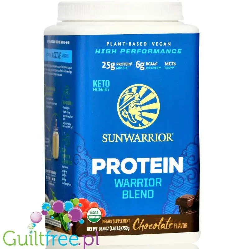 Sunwarrior Protein Warrior Blend, Chocolate 0,75kg - wegańska organiczna odżywka białkowa z goji i MCT