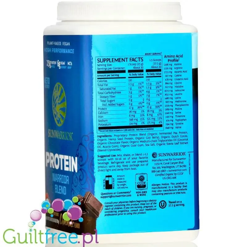 Sunwarrior Protein Warrior Blend, Chocolate 0,75kg - wegańska organiczna odżywka białkowa z goji i MCT