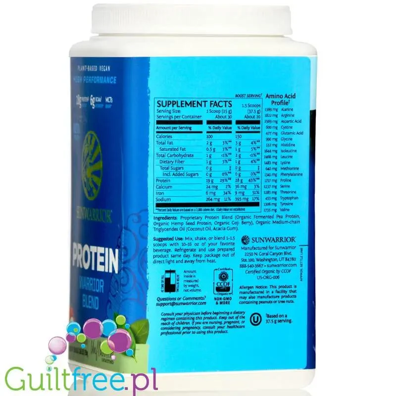 Sunwarrior Protein Warrior Blend, Natural 0,75kg - wegańska organiczna odżywka białkowa z goji i MCT