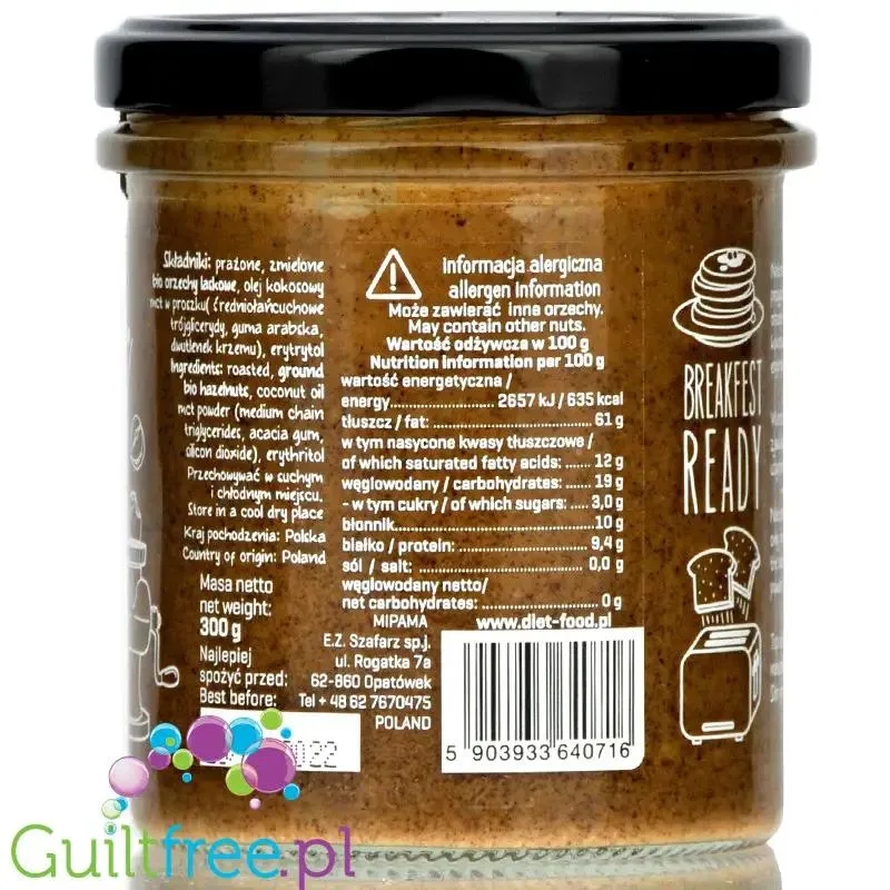 Diet Food Keto Hazelnut Cream - pasta z orzechów laskowych z MCT słodzona erytrolem