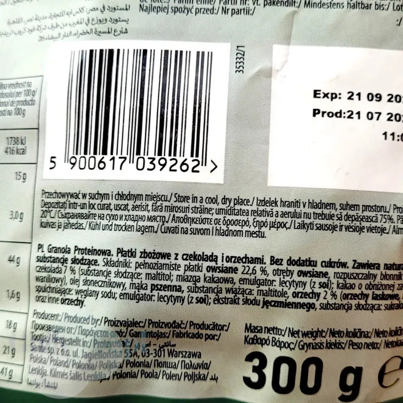 Sante GoON Granola Proteinowa bez dodatku cukru Orzech Laskowy, Migdał & Czekolada