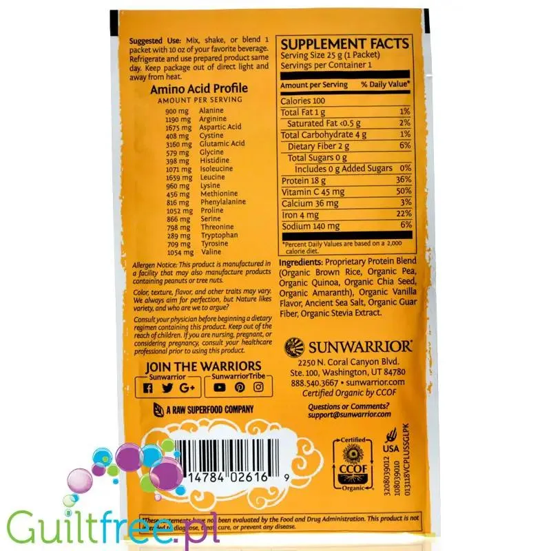Sunwarrior Protein Classic Plus, Vanilla - organiczna wegańska odżywka białkowa z 5 superfoods