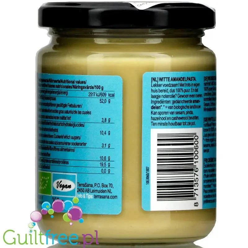 Terrasana organiczne białe masło migdałowe z blanszowanych migdałów 100%, bez soli i cukru