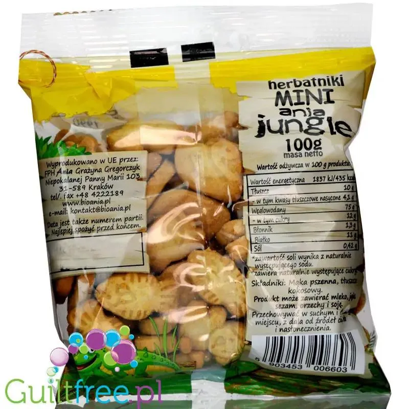 Ania Jungle mini herbatniki w kształcie zwierzątek, bez dodatku cukru, 100g