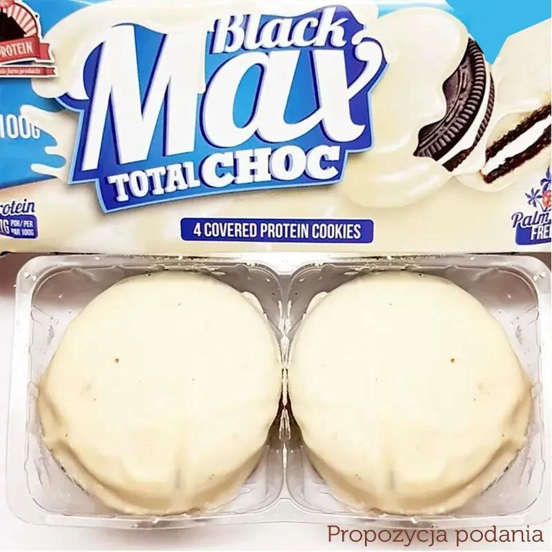 MAX Protein Black Max Cookies Total White Choc - proteinowe ciastka z mlecznym kremem w polewie czekoladowej, bez cukru