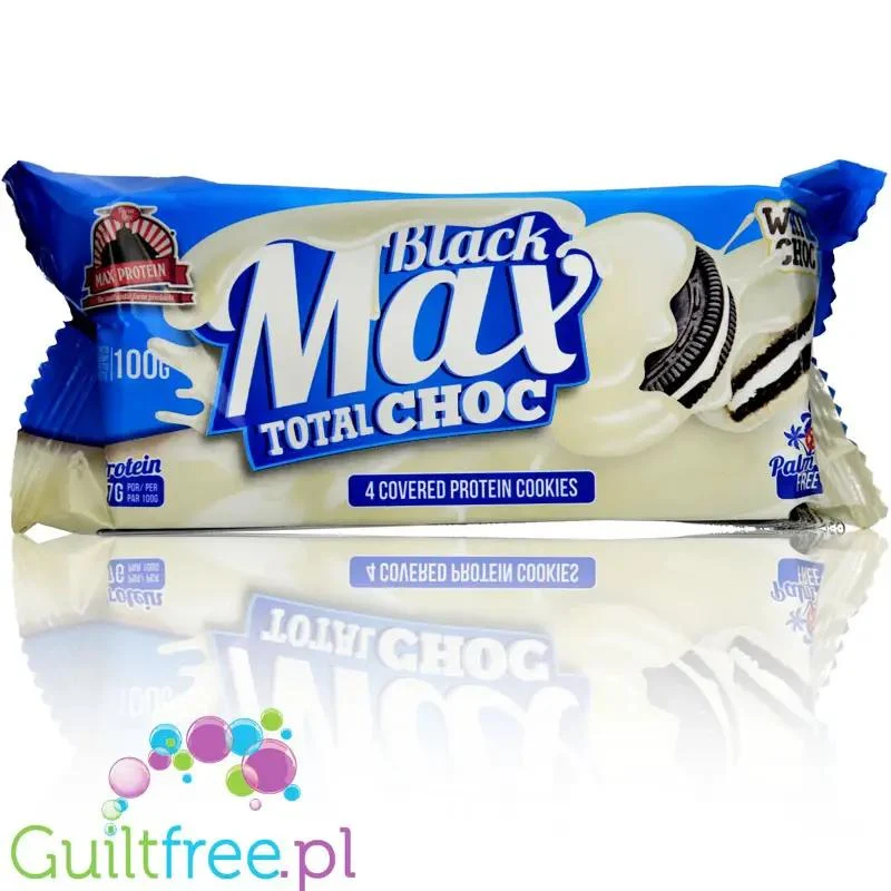 MAX Protein Black Max Cookies Total White Choc - proteinowe ciastka z mlecznym kremem w polewie czekoladowej, bez cukru