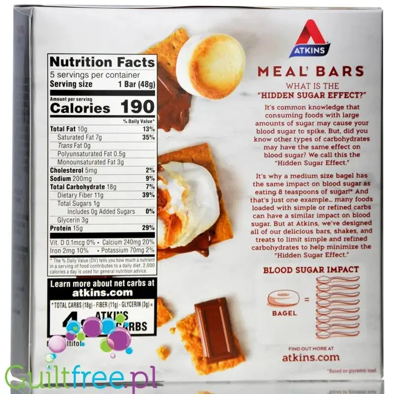 Atkins Meal S'mores - niskocukrowy baton 15g białka, pudełko x 5 batonów