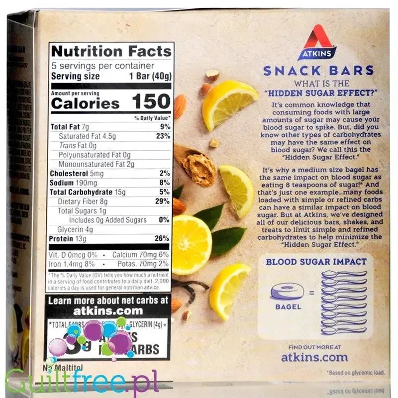 Atkins Snack Lemon Bar - niskocukrowy baton 13g białka, pudełko x 5 batonów
