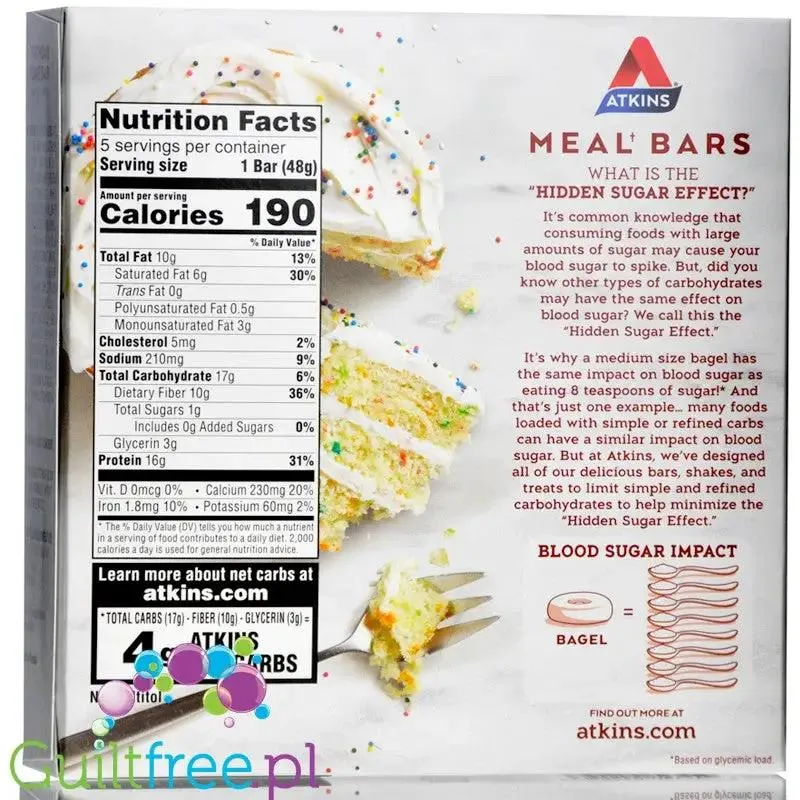 Atkins Meal Birthday Cake - niskocukrowy baton 1g cukru, pudełko x 5 batonów
