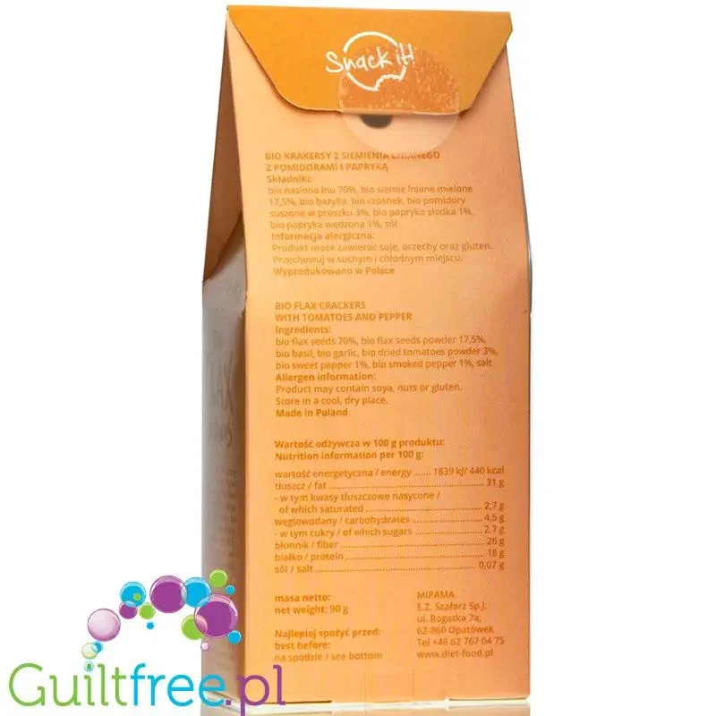 Diet Food Raw Flax Crackers bio krakersy lniane- z pomidorami i papryką, 5g węglowodanów