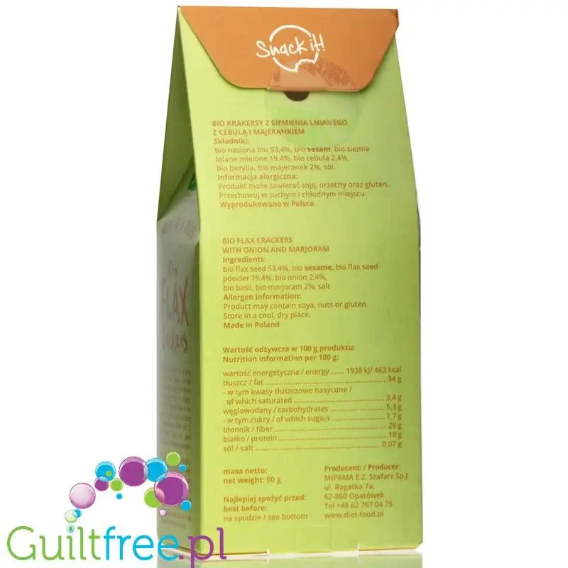 Diet Food Raw Flax Crackers bio krakersy lniane z cebulą i majerankiem, 5g węglowodanów