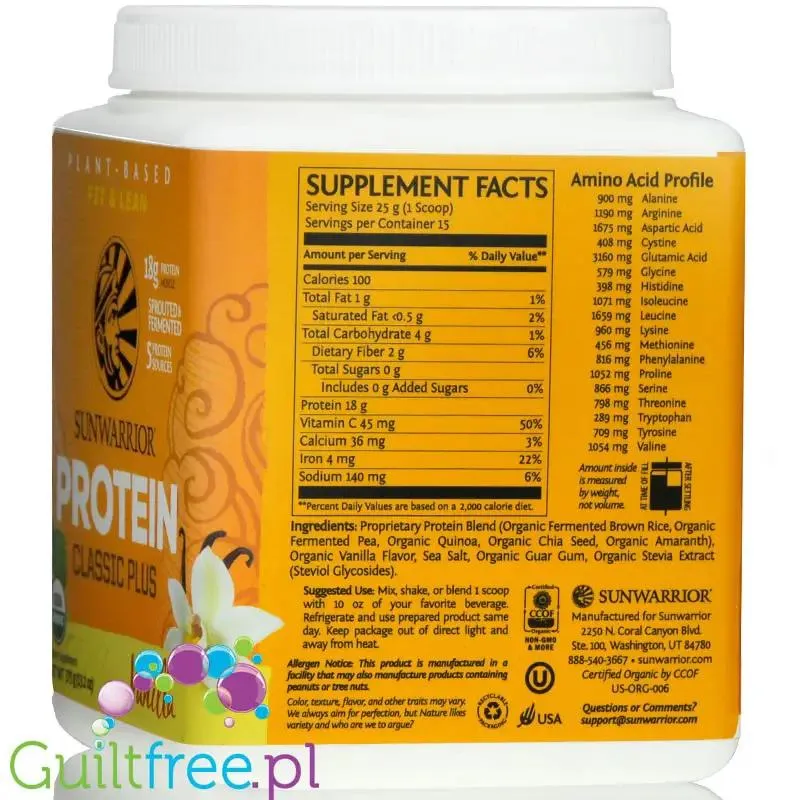 Sunwarrior Protein Classic Plus, Vanilla 0,37KG - organiczna wegańska odżywka białkowa z 5 superfoods