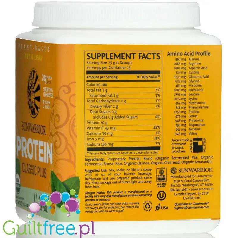 Sunwarrior Protein Classic Plus, Natural 0,37KG - organiczna wegańska odżywka białkowa bez słodzików