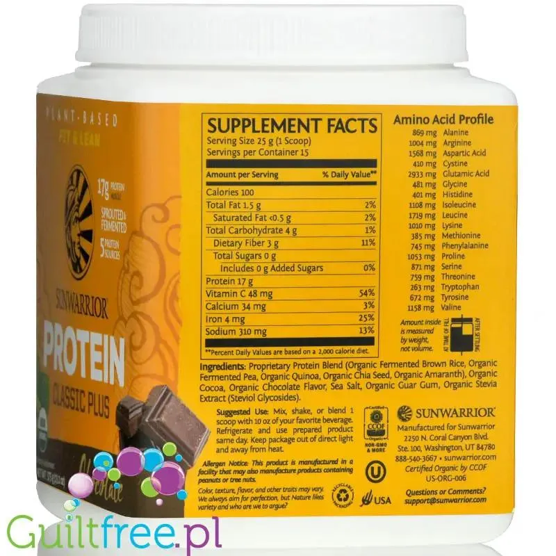 Sunwarrior Protein Classic Plus, Chocolate 0,37KG ***KRÓTKA DATA*** - wegańska odżywka białkowa z 5 superfoods