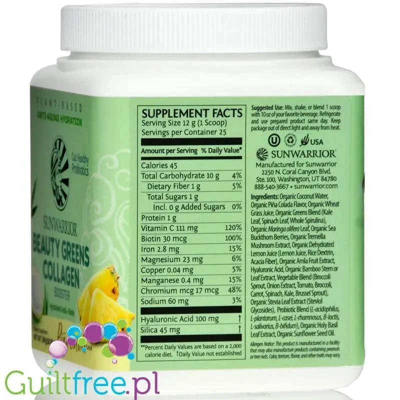Sunwarrior Beauty Greens Collagen Booster Pina Colada - wegańska formuła stymulująca