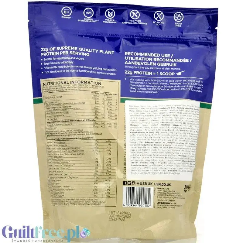 USN Vegan Plant Protein Chocolate 0,9kg - wegańska odżywka białkowa bez soi, ze stewią