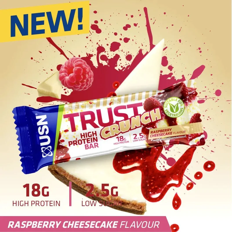 USN Trust Crunch Raspberry Cheesecake - chrupiący baton białkowy Biała Czekolada, Sernik & Maliny
