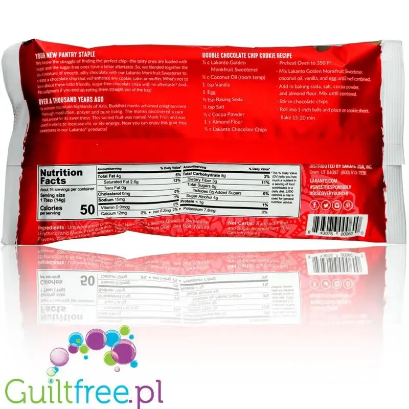 Lakanto Monkfruit Chocolate Chips - wegańskie keto kropelki czekolady bez cukru