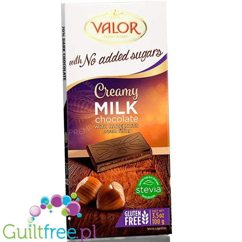 Valor Creamy Milk & Hazelnut Cream - bezglutenowa mleczna czekolada bez dodatku cukru z orzechami laskowymi i masą pralinową
