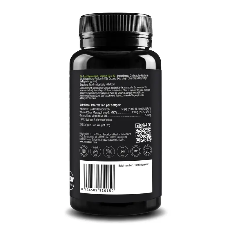 Zenement Vitamin D3 + K2, 2000 Ui AND 150 µg Mk-7, 200 softgels