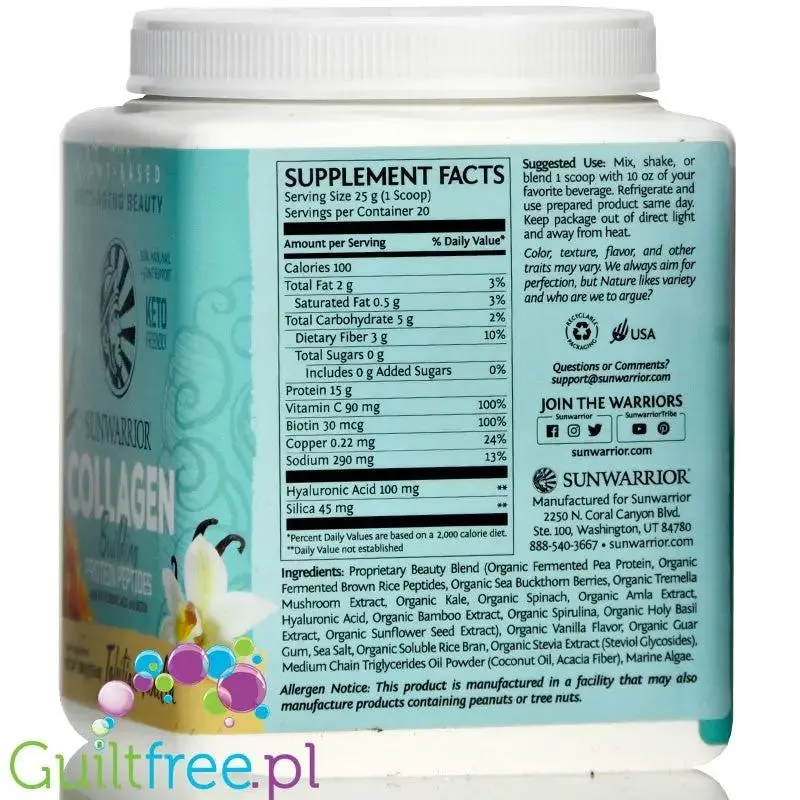 Sunwarrior Collagen Building Peptides, Tahitian Vanilla - wegańska odżywka białkowa stymulująca wytwarzanie kolagenu