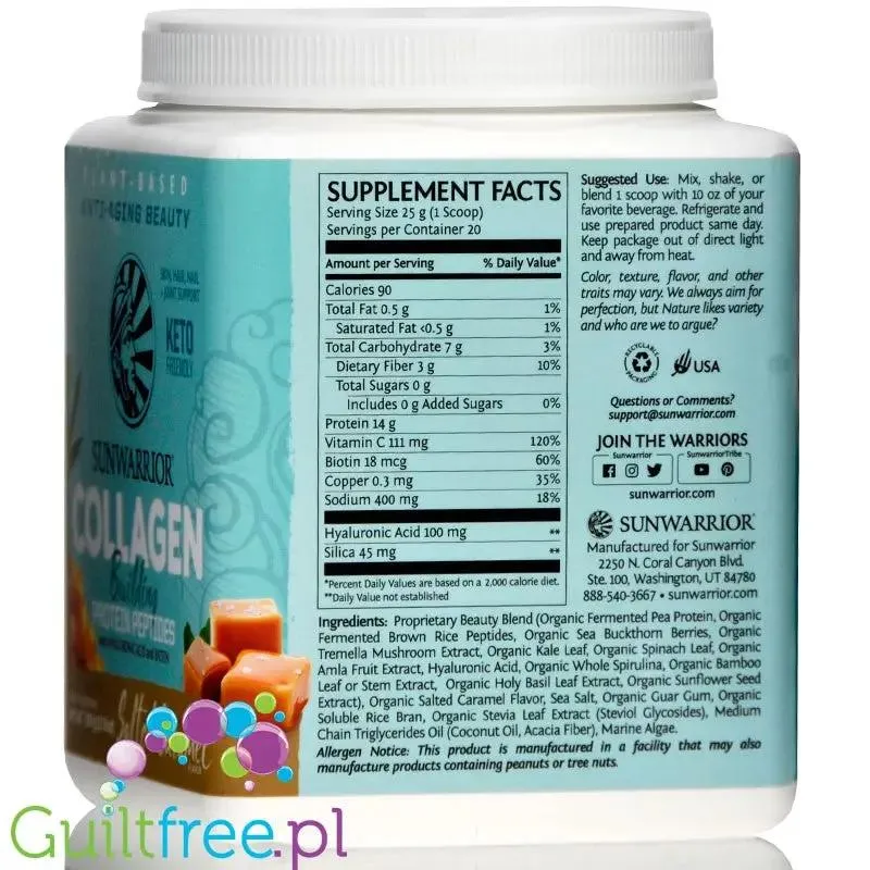 Sunwarrior Collagen Building Peptides, Salted Caramel - wegańska odżywka białkowa stymulująca wytwarzanie kolagenu