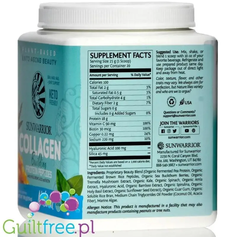 Sunwarrior Collagen Building Peptides, Natural - wegańska odżywka białkowa stymulująca wytwarzanie kolagenu