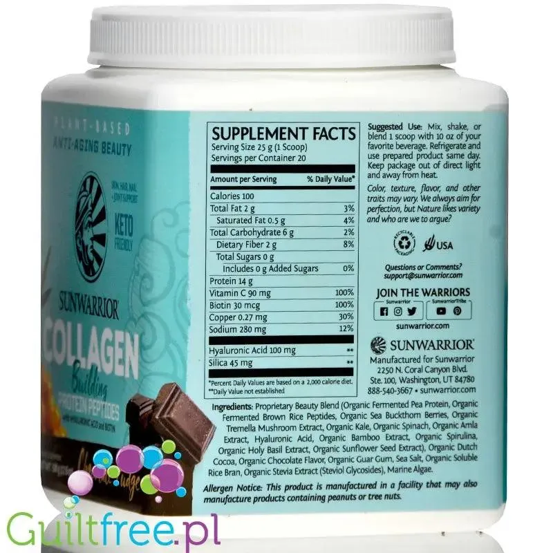 Sunwarrior Collagen Building Peptides, Chocolate Fudge - wegańska odżywka białkowa stymulująca wytwarzanie kolagenu