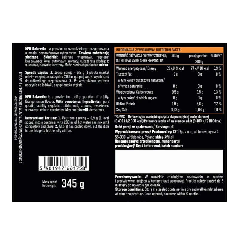 KFD Galaretka Pomarańcza & Cytryna, dietetyczna galaretka 50 porcji x 18kcal