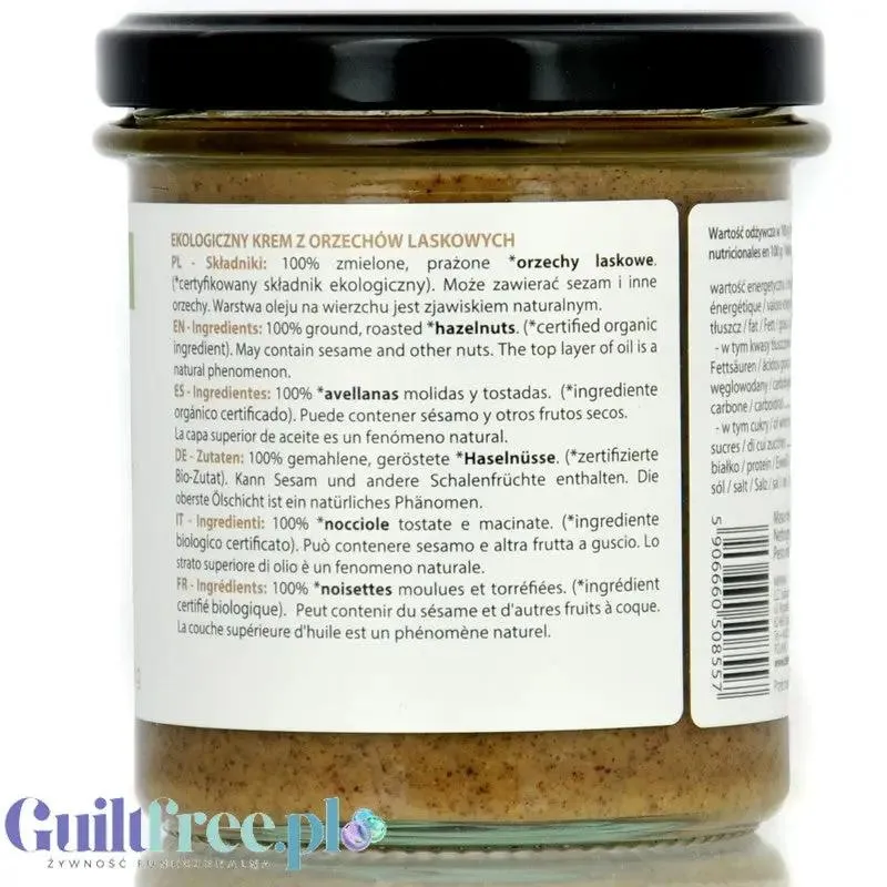 Diet Food Bio Hazelnut 300g - masło z orzechów laskowych 100%, bez soli i cukru