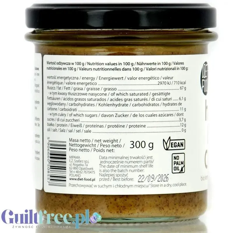 Diet Food Bio Hazelnut 300g - masło z orzechów laskowych 100%, bez soli i cukru