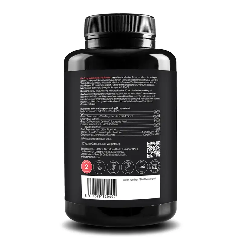 Zenement Fat Burner with Green Tea, L-Carnitine, Yerba Mate, Cla and Green Coffee, 120 vegan capsules