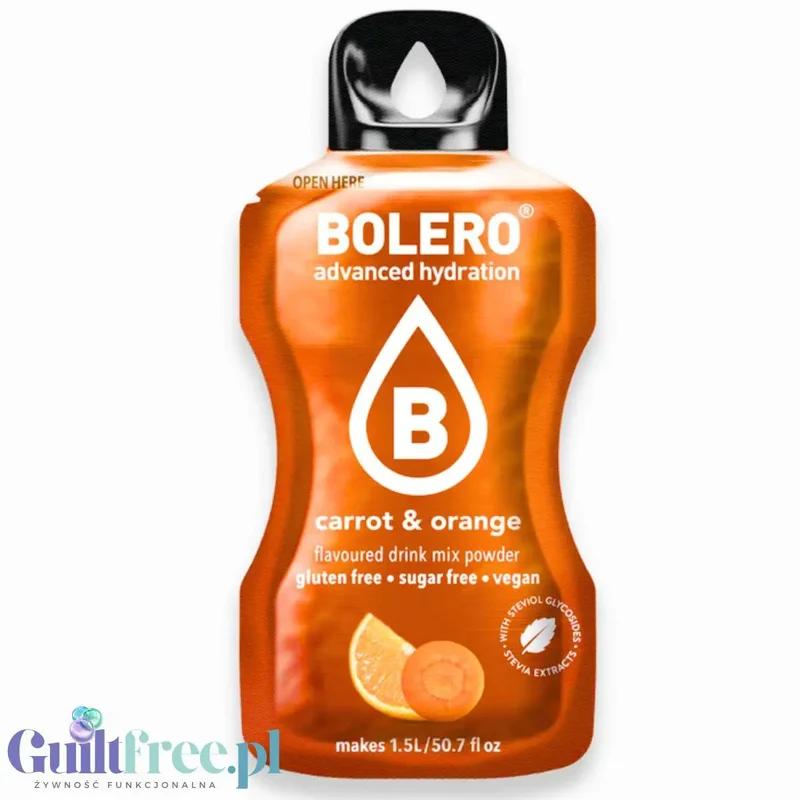 Bolero Drink Carrot & Orange 9g - napój w saszetce bez cukru ze stewią, Pomarańcza & Marchewka