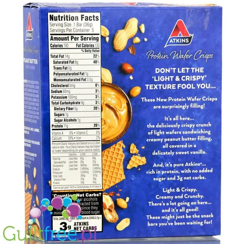 Atkins Wafer Crisps, Peanut Butter- wafelek proteinowy bez dodatku cukru, 11g białka