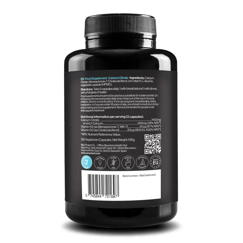 Zenement Calcium Citrate Vitamin D3 & K2, 120 vegetarian capsules
