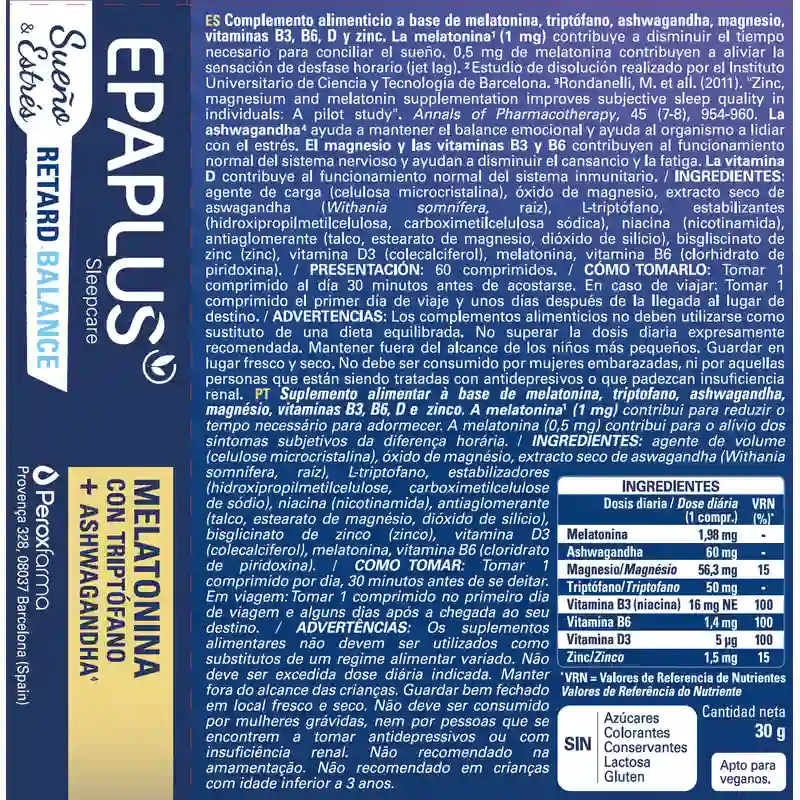 Epaplus Sleepcare Melatonin Retard Balance With Tryptophan, 30 grams, 60 tablets