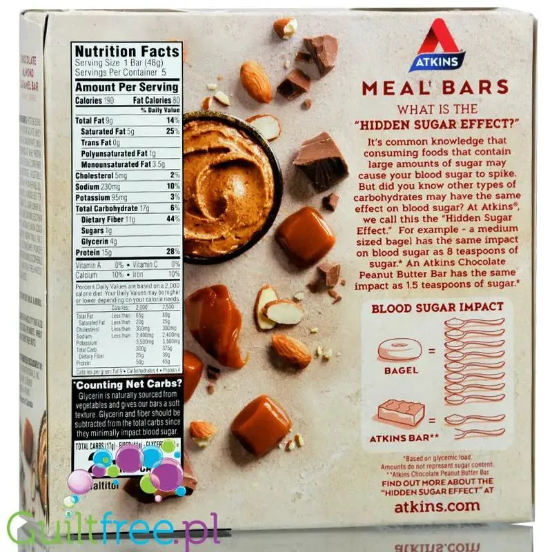 Atkins Meal Chocolate Almond Caramel baton białkowy bez maltitolu (Czekolada, Karmel, Migdały)