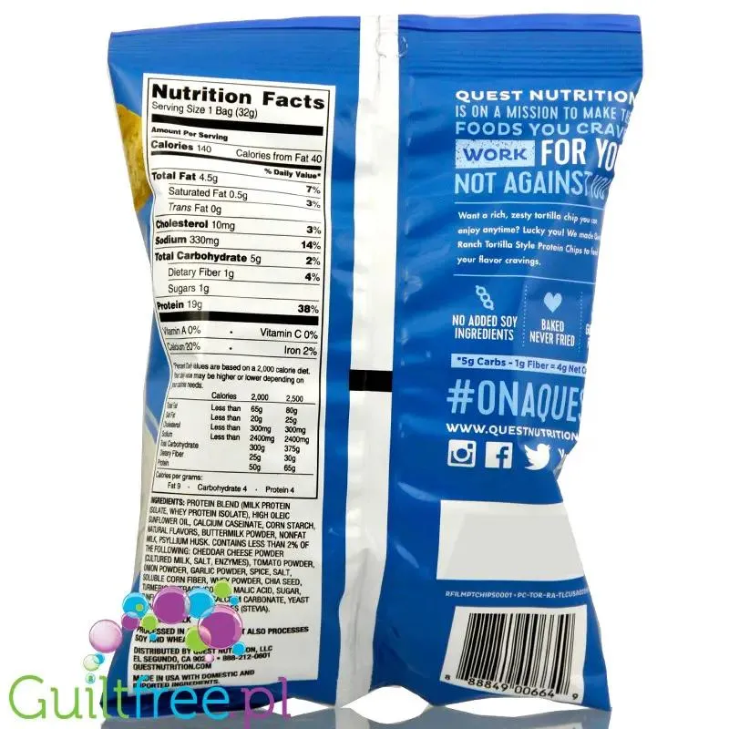 Quest Tortilla Chips, Ranch - chipsy proteinowe 18g białka, Zioła & Śmietanka