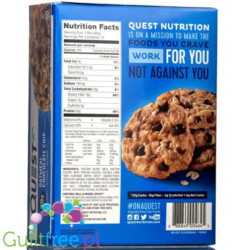 Quest Bar Oatmeal Chocolate Chip - baton proteinowy PUDEŁKO x 12 SZTUK