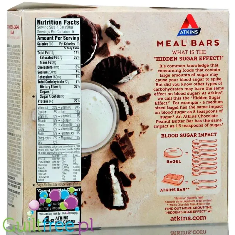 Atkins Meal Cookies n' Creme PUDEŁKO , baton 14g białka, 1g cukru