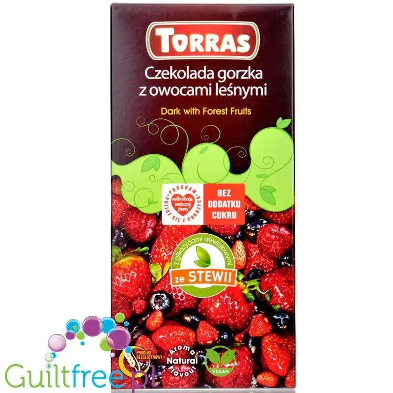 Torras Dark & Forest Fruits Stevia - ciemna czekolada z owocami leśnymi słodzona stewią i erytrolem, bez dodatku cukru