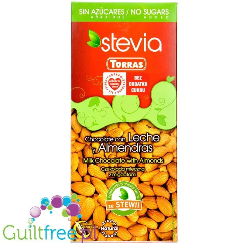 Torras Milk & Almonds Stevia 125g - mleczna czekolada z migdałami, słodzona stewią i erytrytolem, bez dodatku cukru