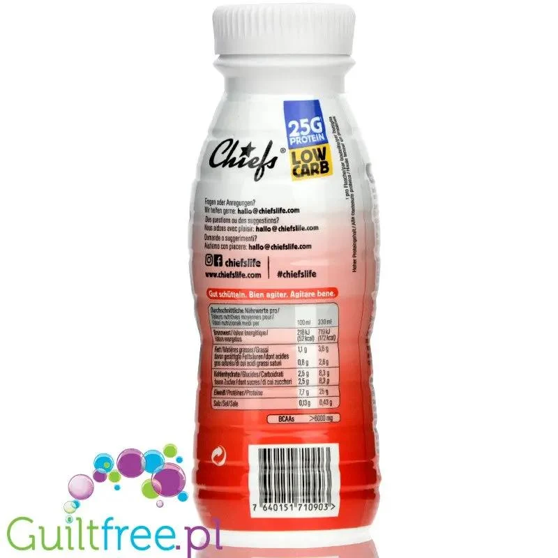Chiefs Milk Protein Shake Strawberry- truskawkowy shake proteinowy RTD bez laktozy, 25g białka 170kcal