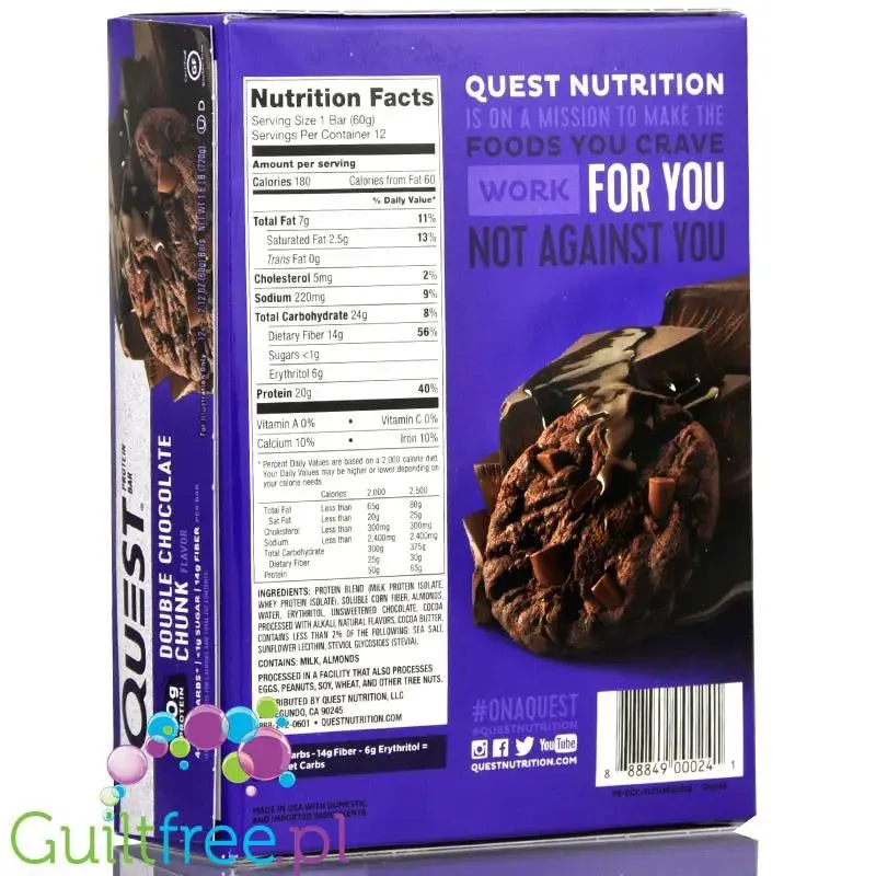 Quest Bar Double Chocolate Chunk - baton proteinowy Podwójnie Czekoladowy 20g białka