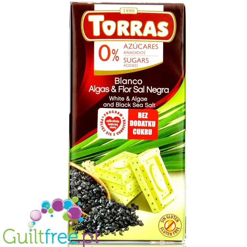 Torras White Algae & Black Sea Salt - biała czekolada bez cukru, Algi i Czarna Sól