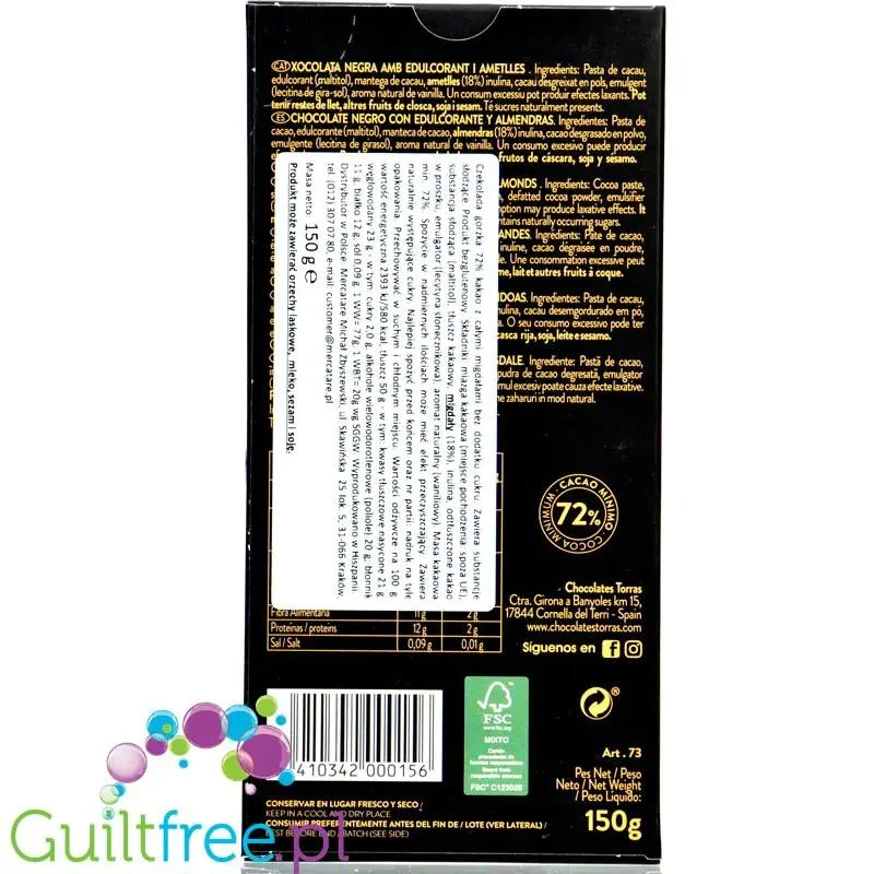 Torras Zero Dark & Almonds 72% Cocoa - Ciemna Czekolada bez cukru z całymi Migdałami 150g