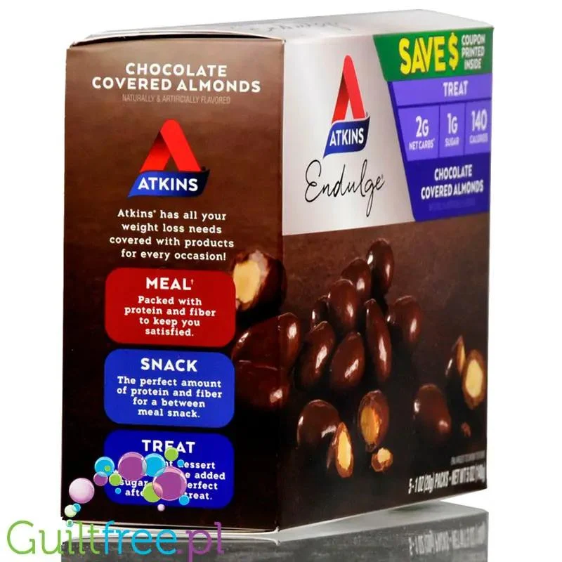 Atkins Endulge Chocolate Covered Almonds -migdały w czekoladzie bez cukru PUDEŁKO