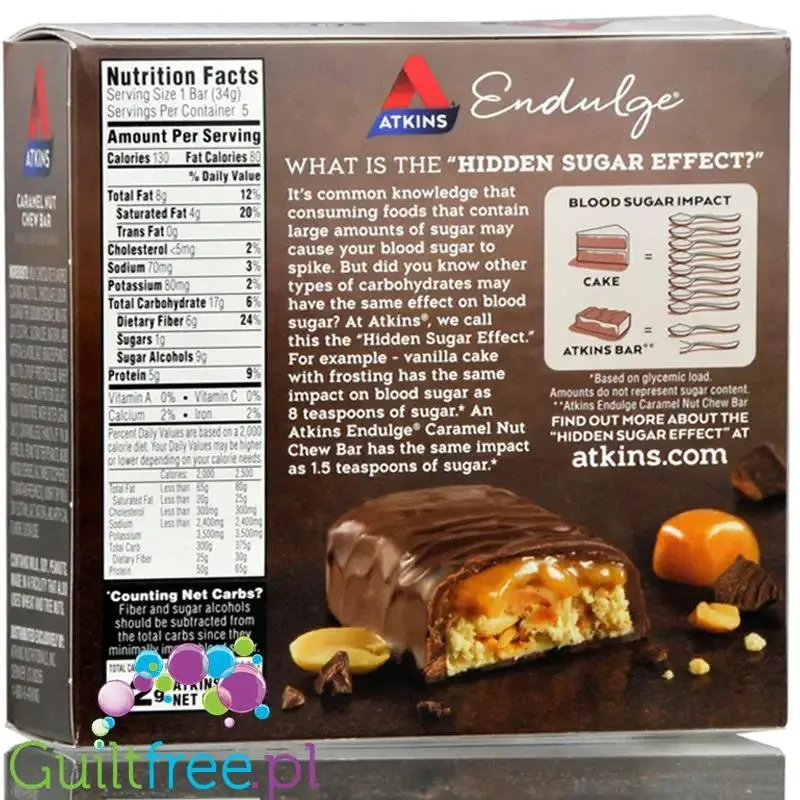 Atkins Endulge Caramel Nut Chew PUDEŁKO - baton orzechowo-karmelowy w czekoladzie, niskie IG, 2g węglowodanów