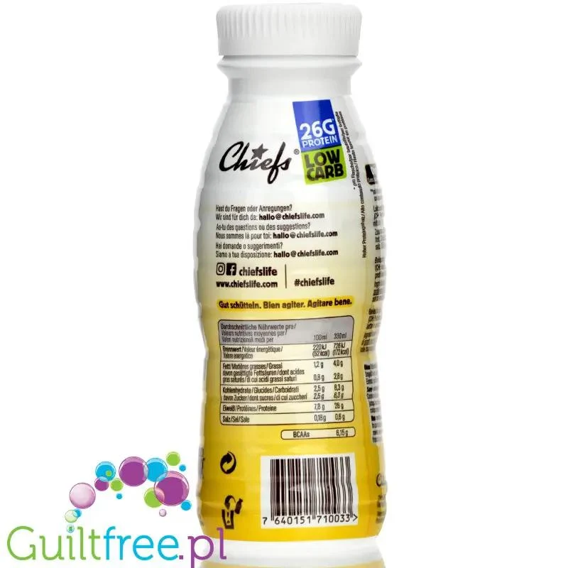 Chiefs Milk Protein Shake Vanilla Drive- shake proteinowy RTD bez laktozy, 26g białka 170kcal